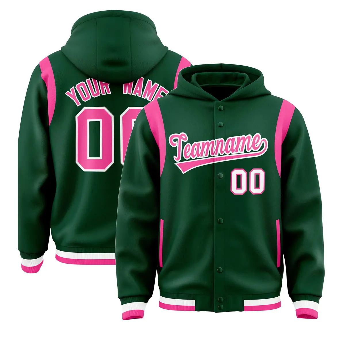 Green Pink Varsity Full-Snap Letterman Shoulder Color Block Jacket Hoodie