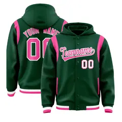 Green Pink Varsity Full-Snap Letterman Shoulder Color Block Jacket Hoodie