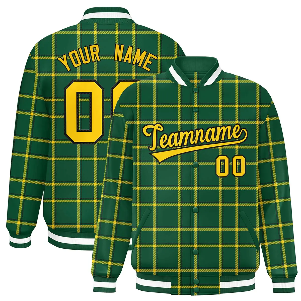 Green Plaid Pattern Varsity Letterman Baseball Jacket
