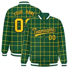 Green Plaid Pattern Varsity Letterman Baseball Jacket