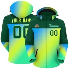 Green Powder Blue-Neon Green Gradient Hooded Waterproof Jacket