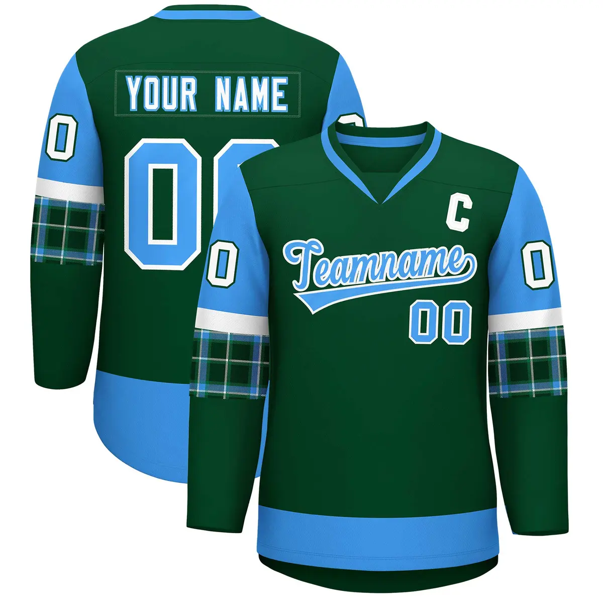 Green Powder Blue-White Raglan V-Neck Hockey Jersey