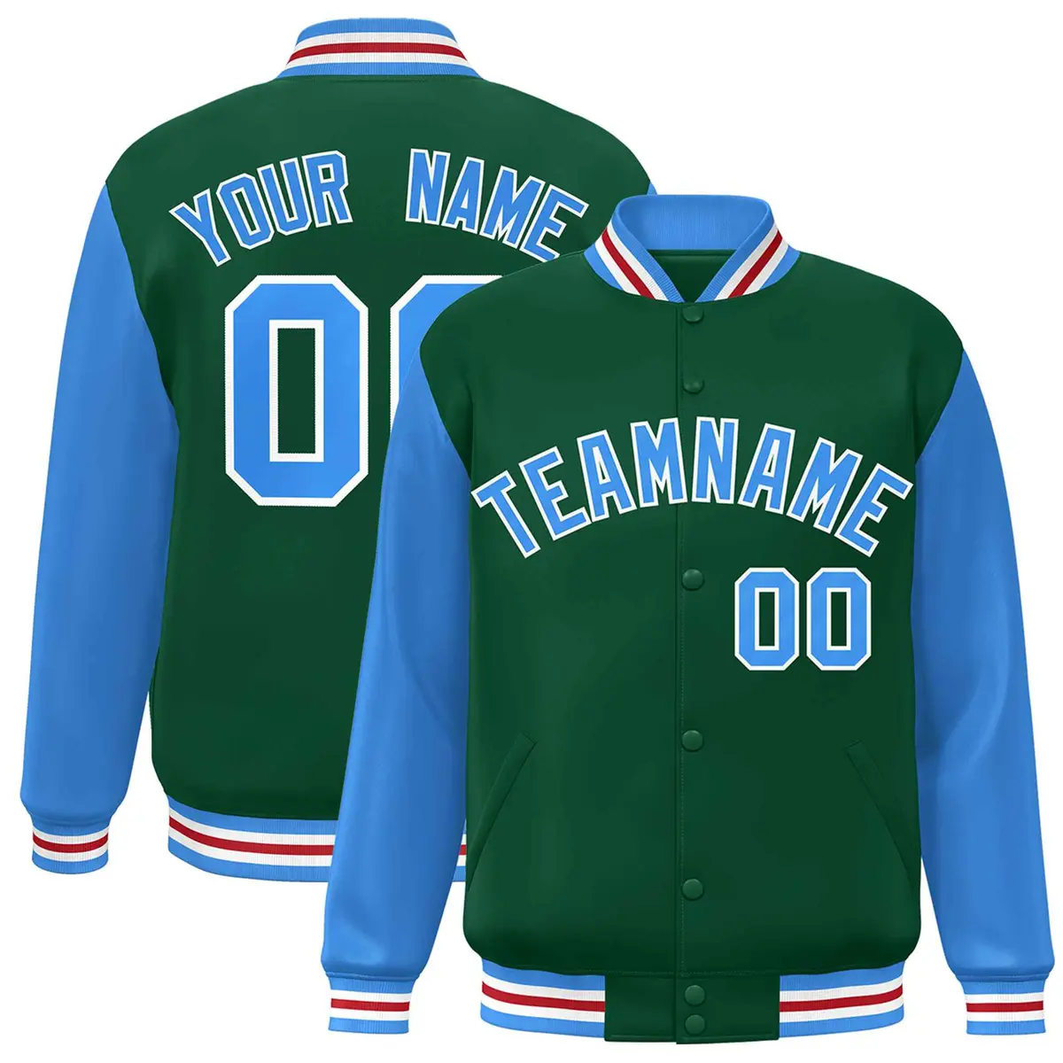 Green Powder Blue-White Raglan Varsity Full-Snap Letterman Jacket
