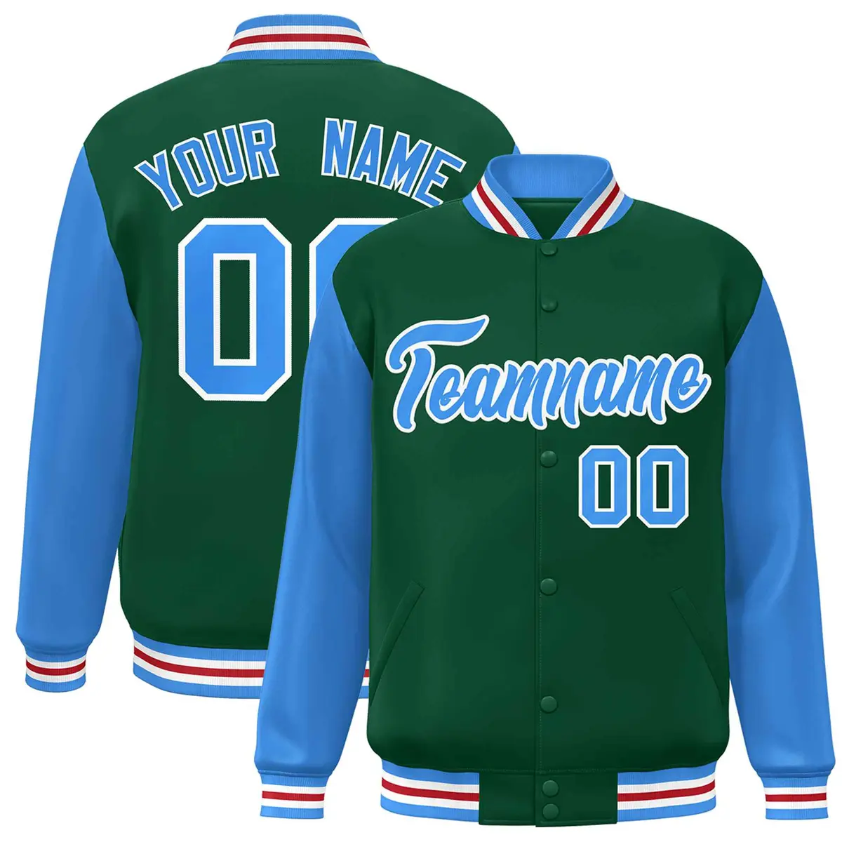 Green Powder Blue-White Raglan Varsity Full-Snap Letterman Jacket
