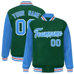Green Powder Blue-White Raglan Varsity Full-Snap Letterman Jacket 1