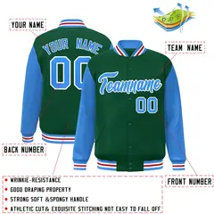 Green Powder Blue-White Raglan Varsity Full-Snap Letterman Jacket 2