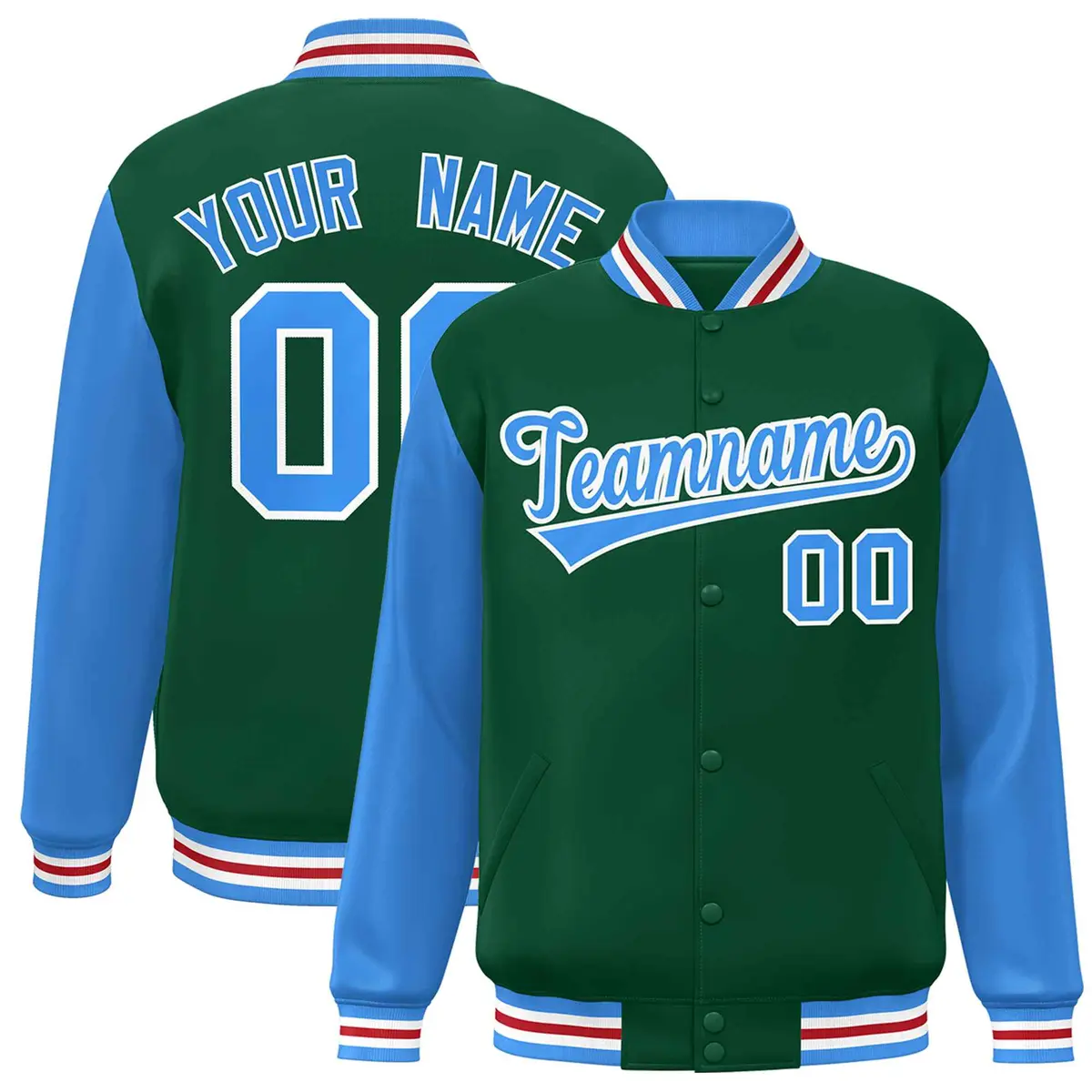 Green Powder Blue-White Raglan Varsity Full-Snap Letterman Jacket