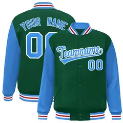 Green Powder Blue-White Raglan Varsity Full-Snap Letterman Jacket