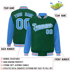 Green Powder Blue-White Raglan Varsity Full-Snap Letterman Jacket 2