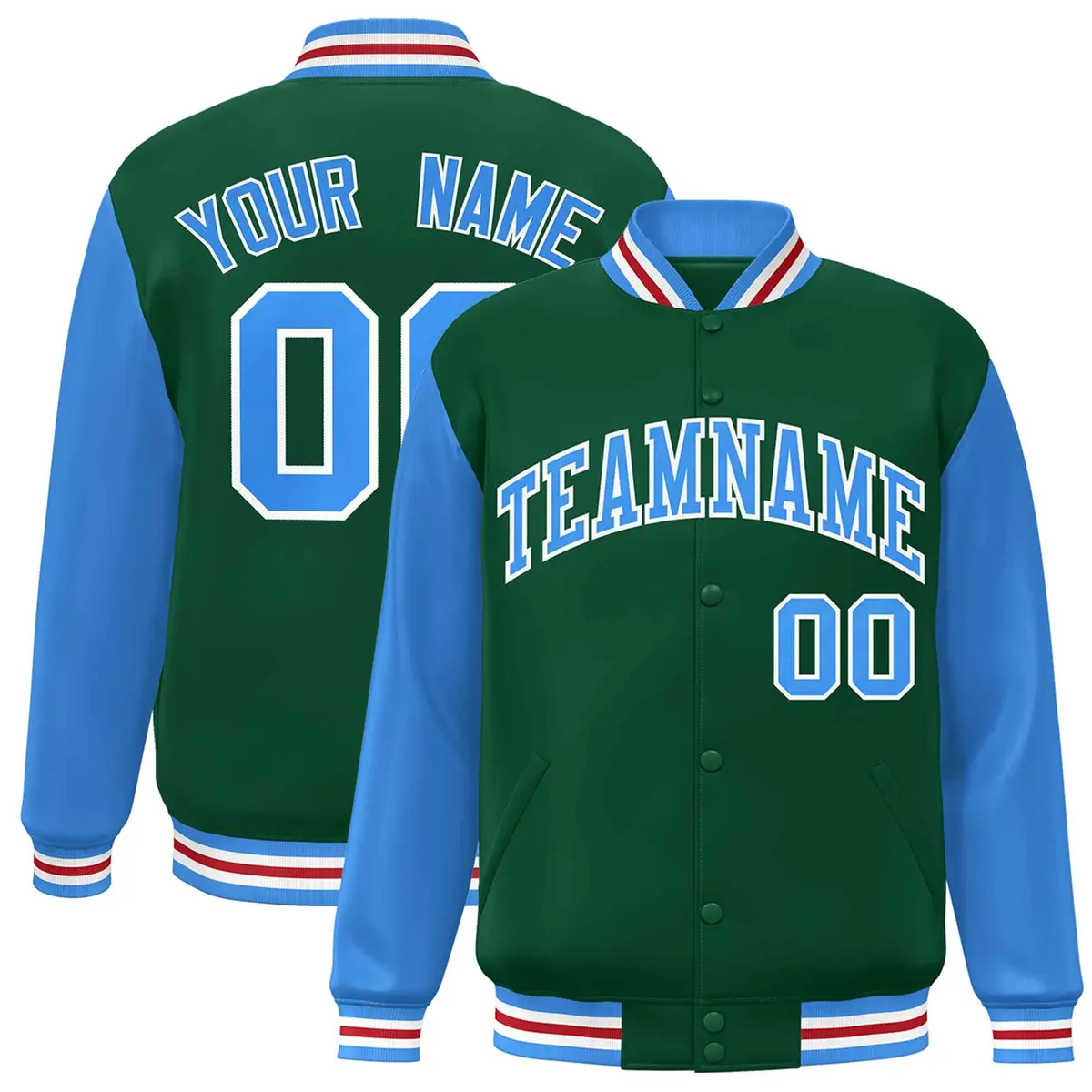 Green Powder Blue-White Raglan Varsity Full-Snap Letterman Jacket