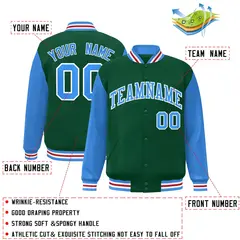 Green Powder Blue-White Raglan Varsity Full-Snap Letterman Jacket 2