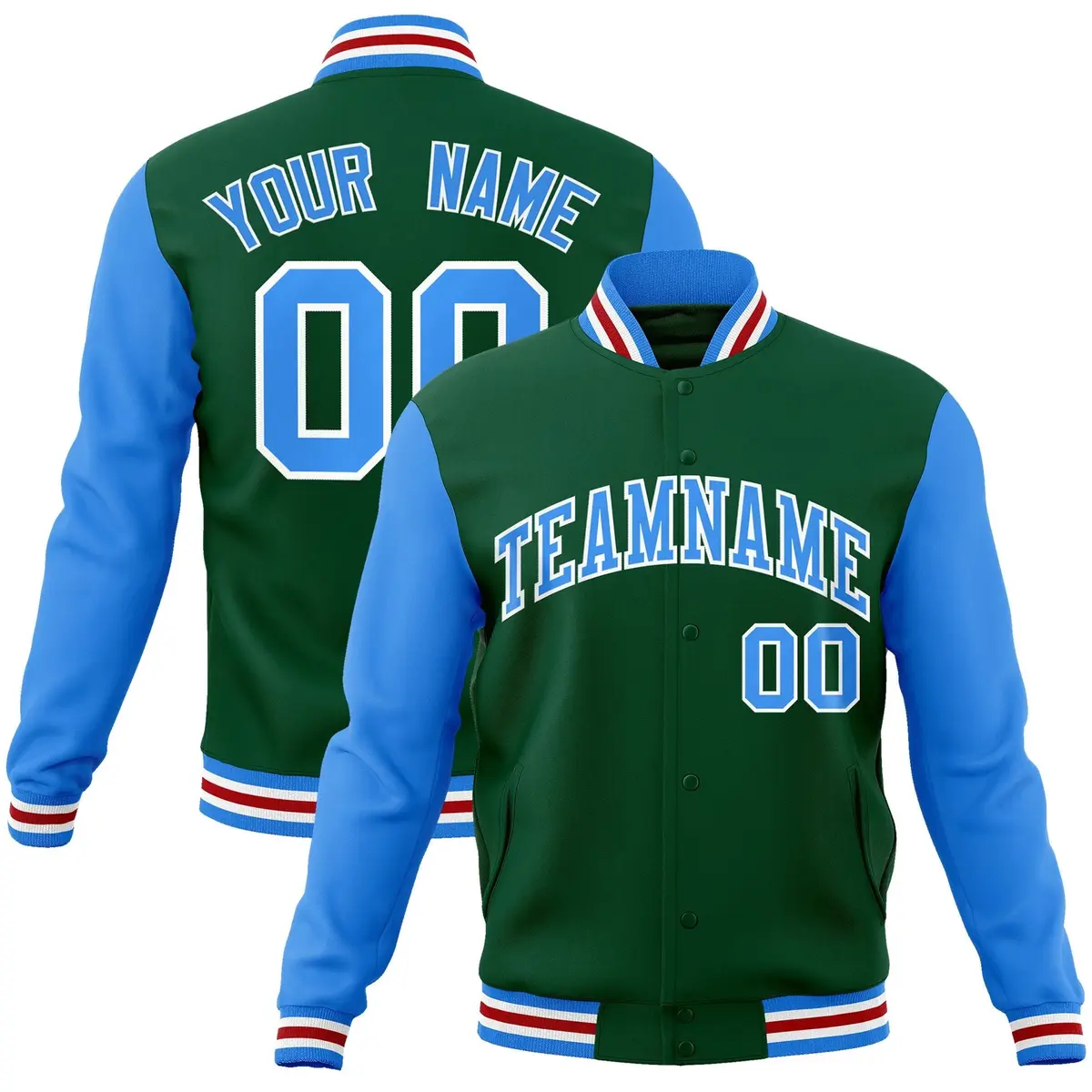 Green Powder Blue-White Raglan Varsity Full-Snap Letterman Jacket