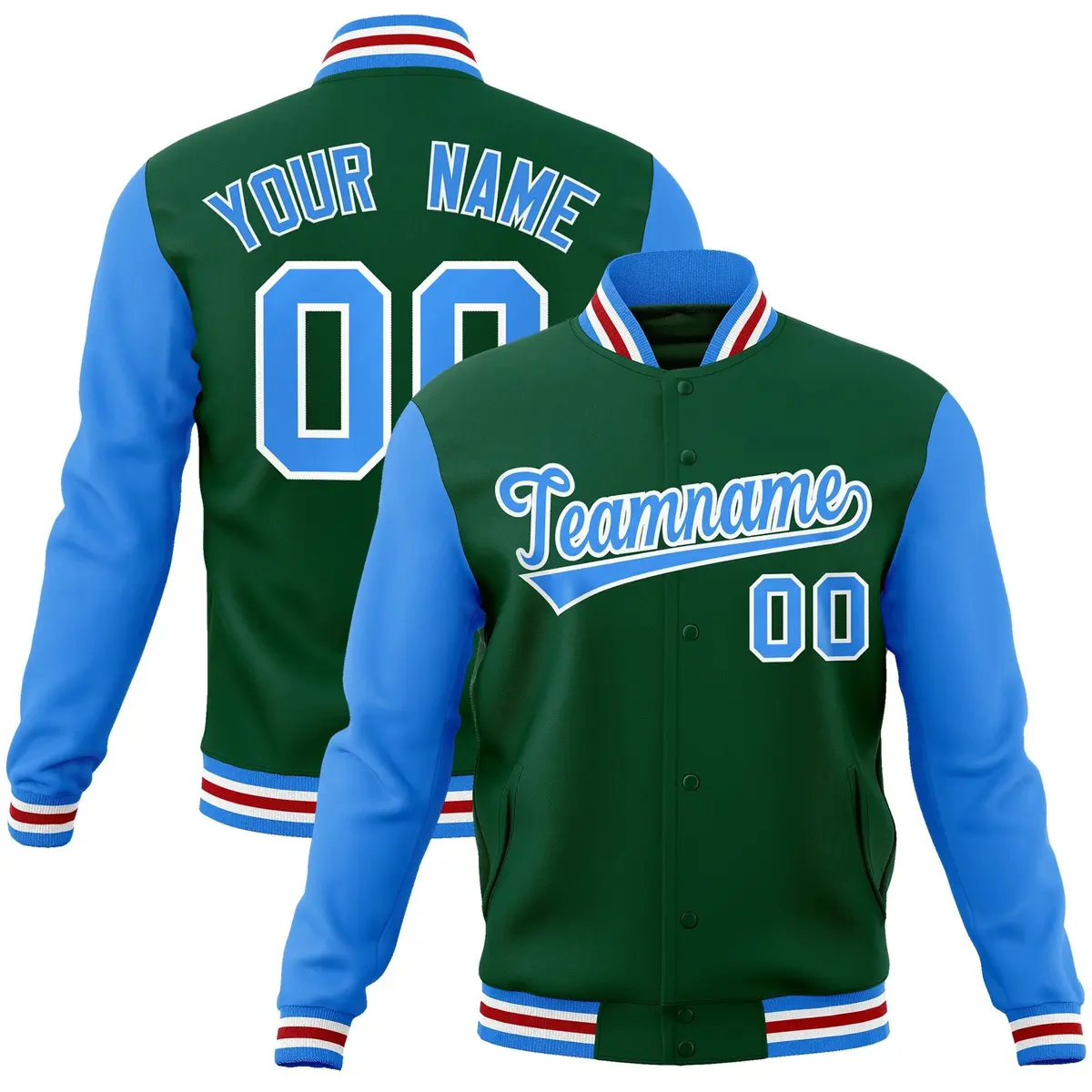 Green Powder Blue-White Raglan Varsity Full-Snap Letterman Jacket