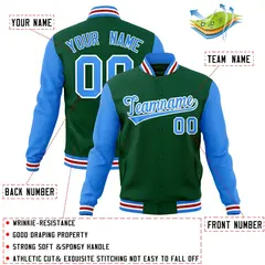 Green Powder Blue-White Raglan Varsity Full-Snap Letterman Jacket 4