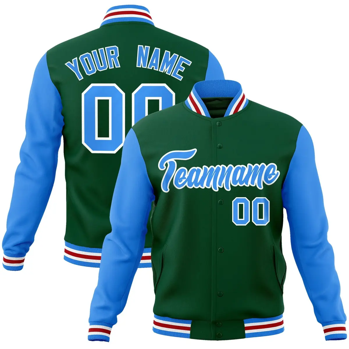 Green Powder Blue-White Raglan Varsity Full-Snap Letterman Jacket