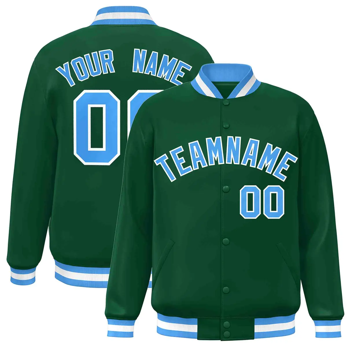 Green Powder Blue-White Varsity Full-Snap Letterman Jacket