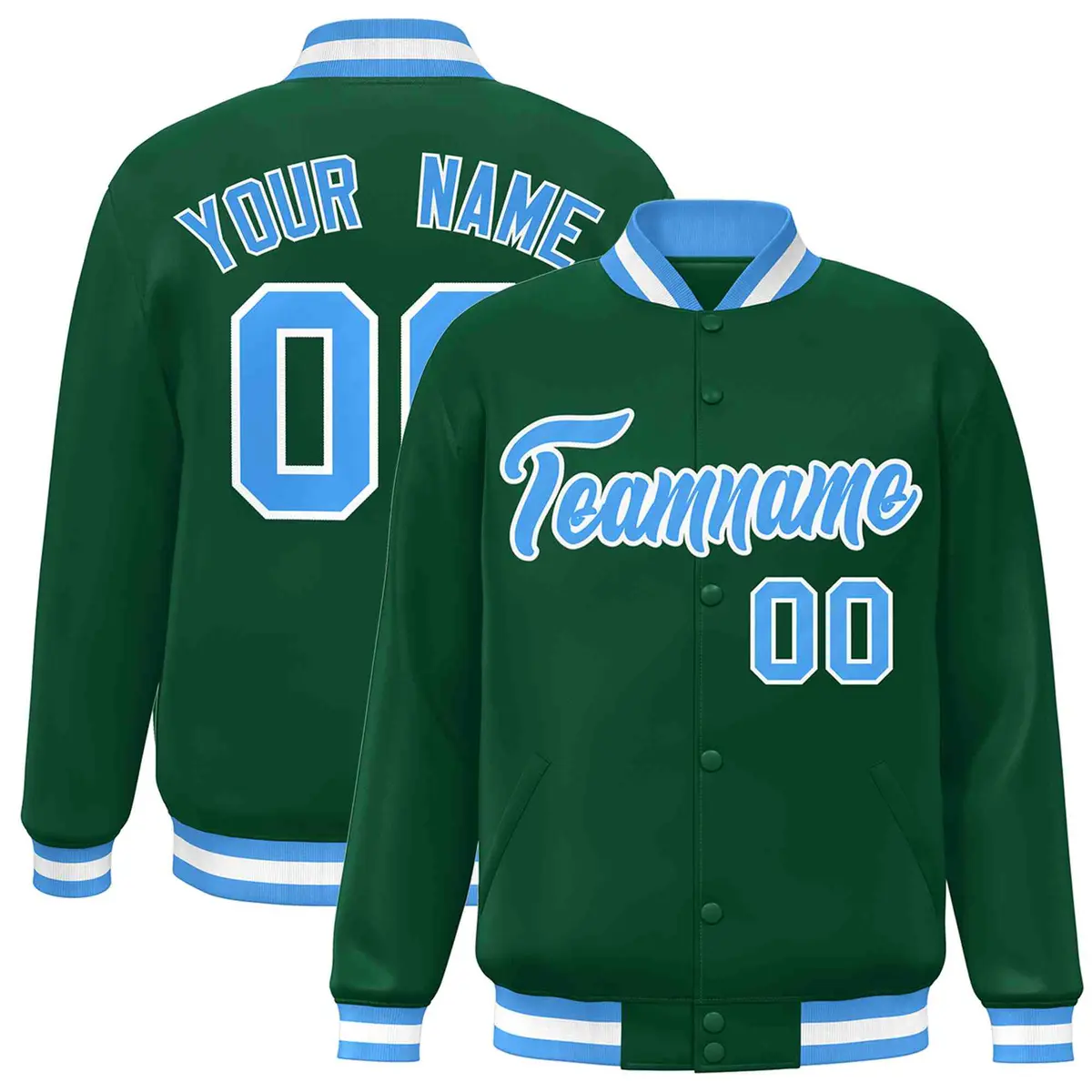 Green Powder Blue-White Varsity Full-Snap Letterman Jacket