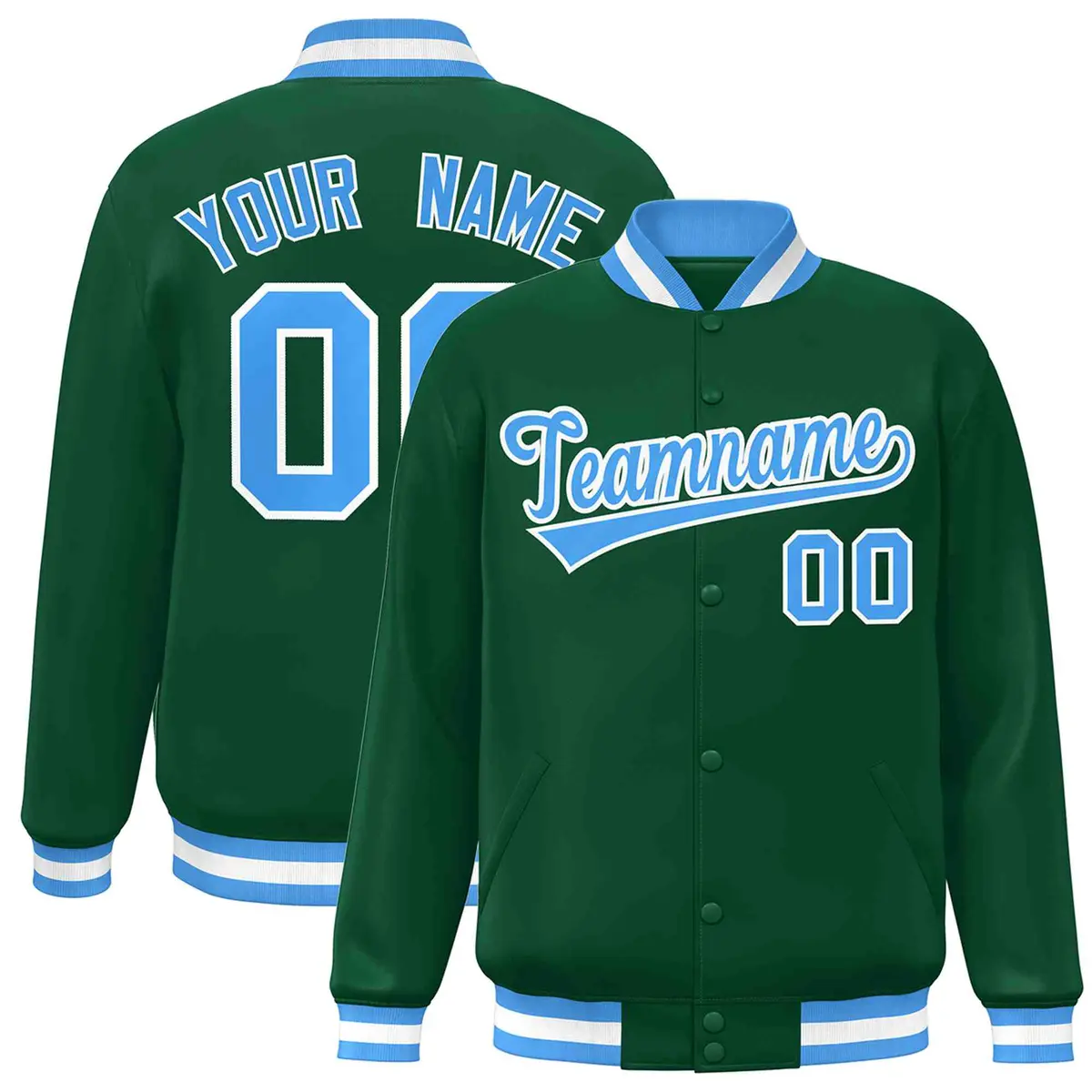 Green Powder Blue-White Varsity Full-Snap Letterman Jacket