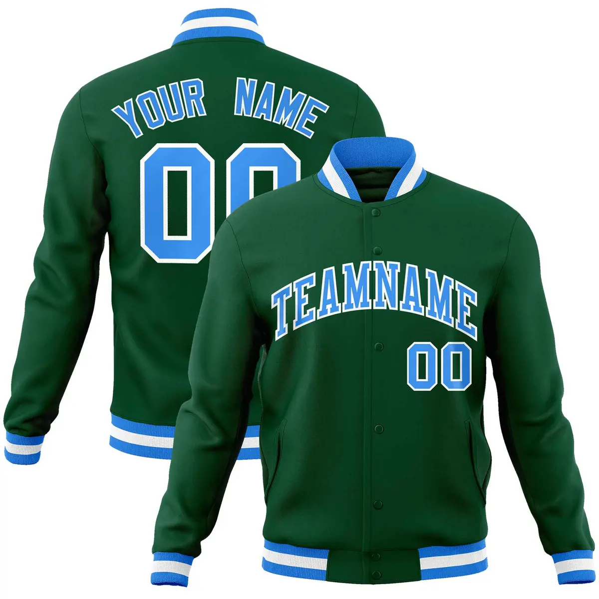 Green Powder Blue-White Varsity Full-Snap Letterman Jacket