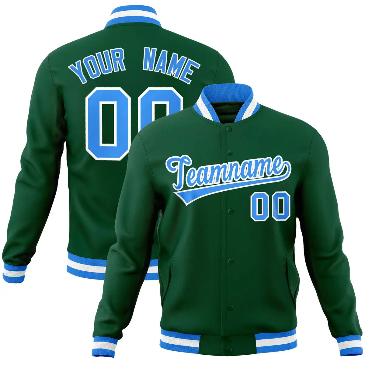 Green Powder Blue-White Varsity Full-Snap Letterman Jacket
