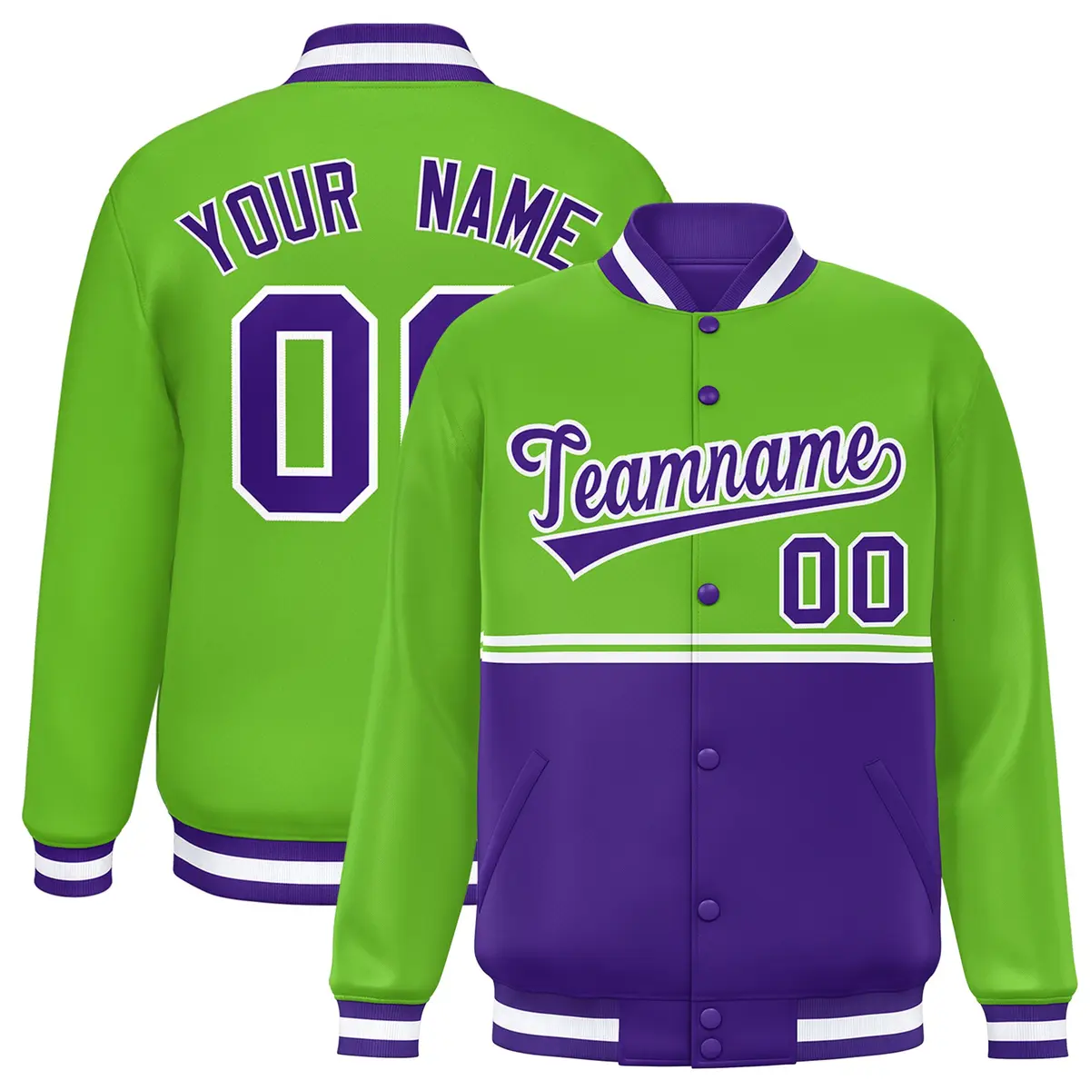 Green Purple Color Block Varsity Full-Snap Letterman Jacket