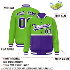 Green Purple Color Block Varsity Full-Snap Letterman Jacket 2