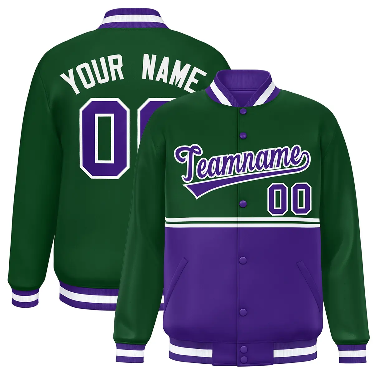 Green Purple Color Block Varsity Full-Snap Letterman Jacket