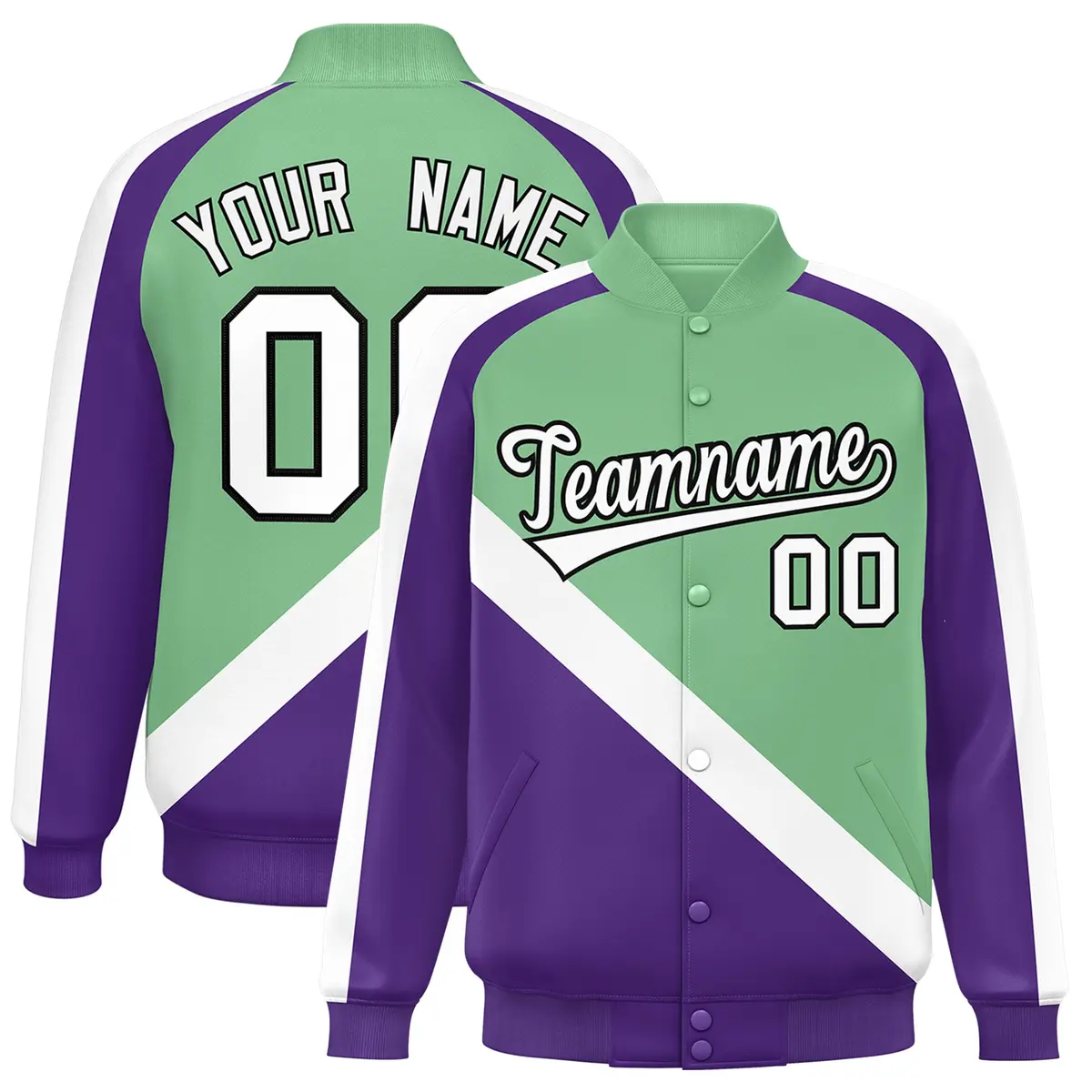 Green Purple Raglan Varsity Letterman Baseball Jacket
