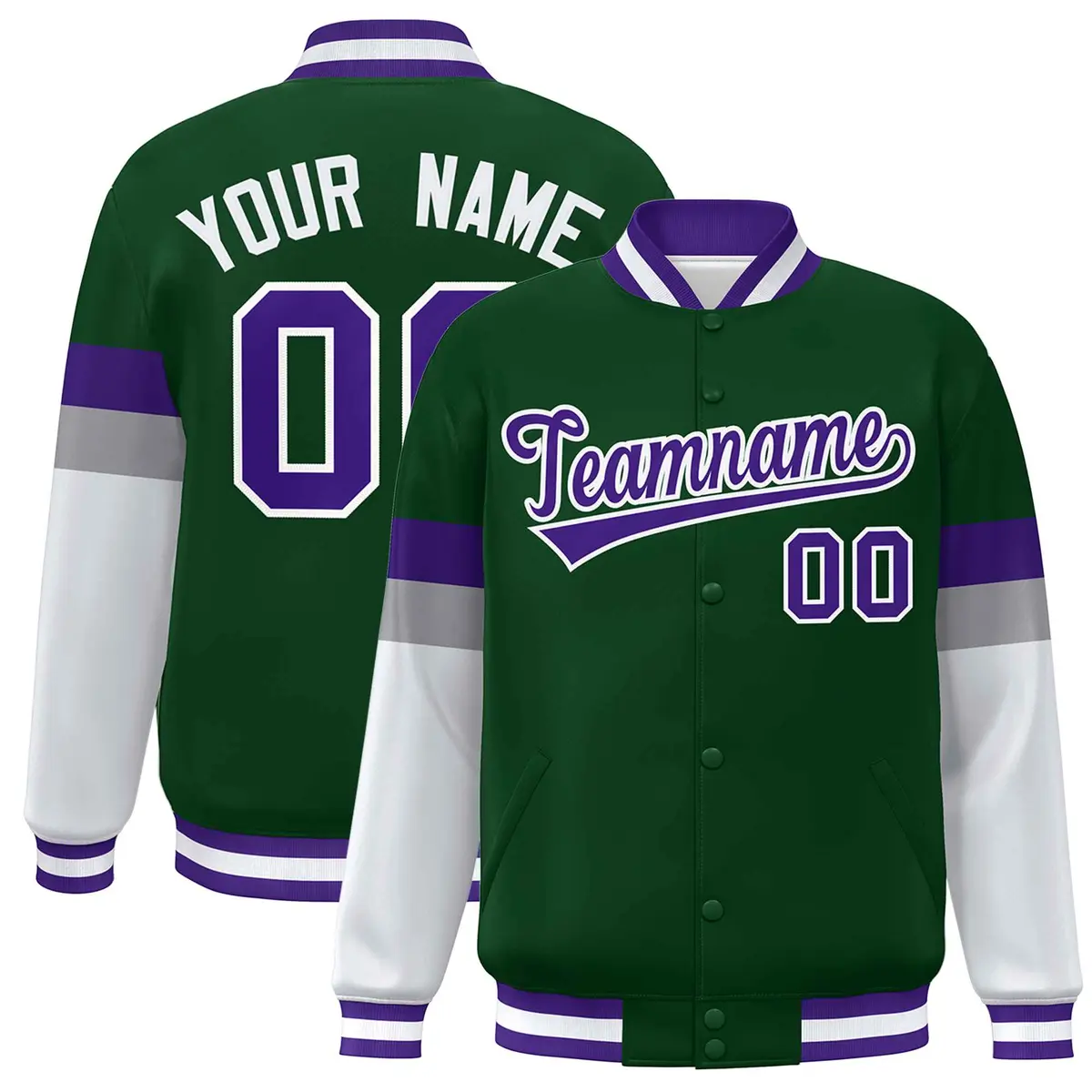 Green Purple-White Color Block Varsity Full-Snap Baseball Jacket