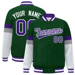 Green Purple-White Color Block Varsity Full-Snap Baseball Jacket
