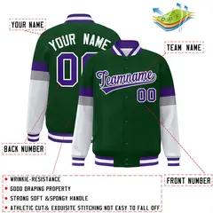 Green Purple-White Color Block Varsity Full-Snap Baseball Jacket 2