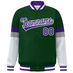 Green Purple-White Color Block Varsity Full-Snap Baseball Jacket 3