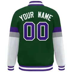 Green Purple-White Color Block Varsity Full-Snap Baseball Jacket 4