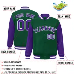 Green Purple-White Raglan Varsity Full-Snap Letterman Jacket 2