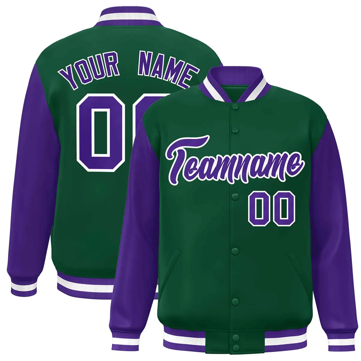 Green Purple-White Raglan Varsity Full-Snap Letterman Jacket