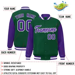 Green Purple-White Raglan Varsity Full-Snap Letterman Jacket 2