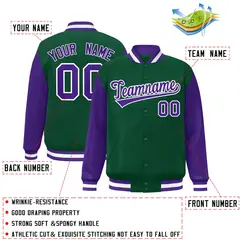 Green Purple-White Raglan Varsity Full-Snap Letterman Jacket 2