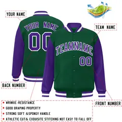 Green Purple-White Raglan Varsity Full-Snap Letterman Jacket 2