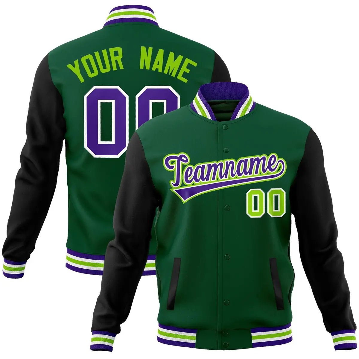 Green Purple-White Raglan Varsity Full-Snap Letterman Jacket