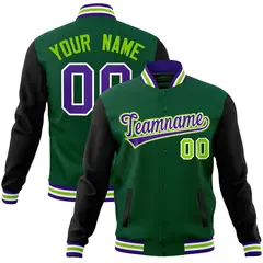 Green Purple-White Raglan Varsity Full-Snap Letterman Jacket