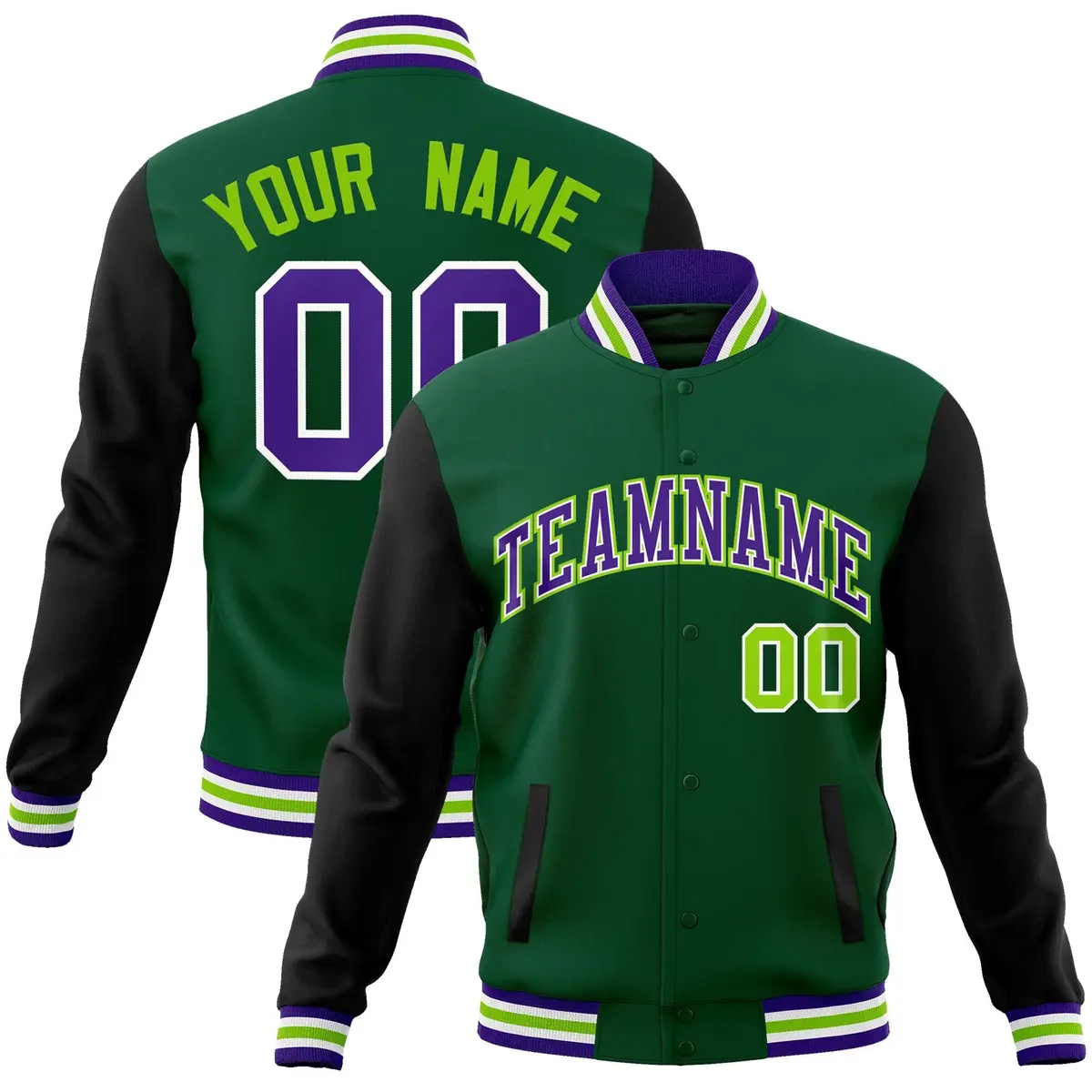 Green Purple-White Raglan Varsity Full-Snap Letterman Jacket