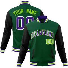 Green Purple-White Raglan Varsity Full-Snap Letterman Jacket 1