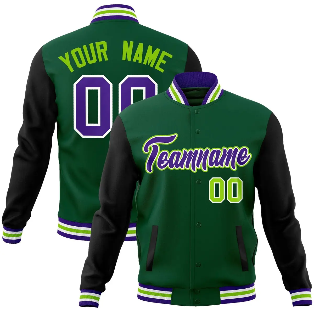 Green Purple-White Raglan Varsity Full-Snap Letterman Jacket
