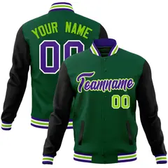 Green Purple-White Raglan Varsity Full-Snap Letterman Jacket 1