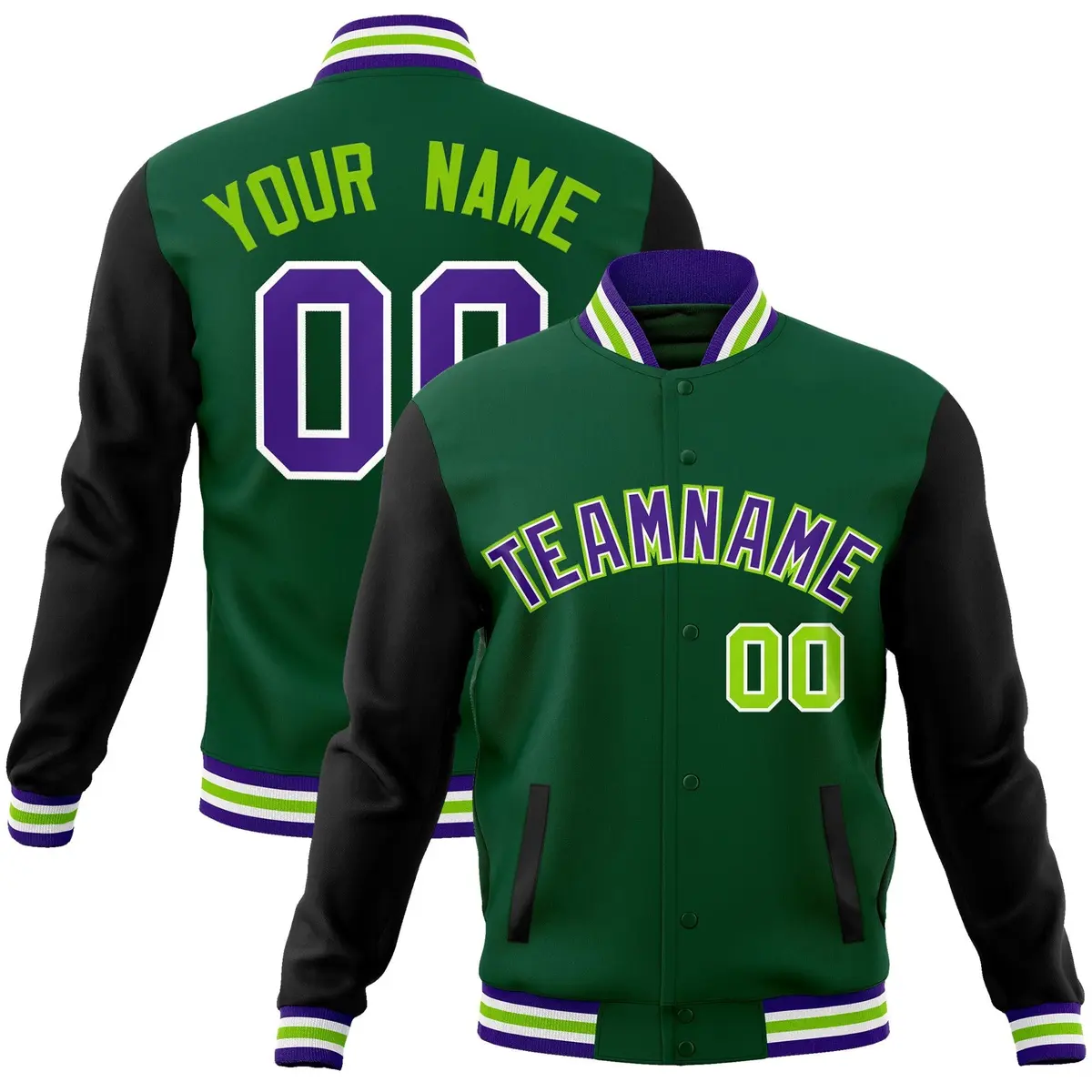 Green Purple-White Raglan Varsity Full-Snap Letterman Jacket