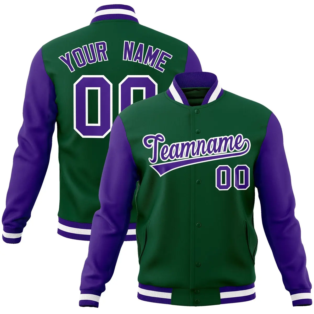 Green Purple-White Raglan Varsity Full-Snap Letterman Jacket
