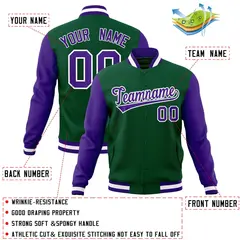 Green Purple-White Raglan Varsity Full-Snap Letterman Jacket 4