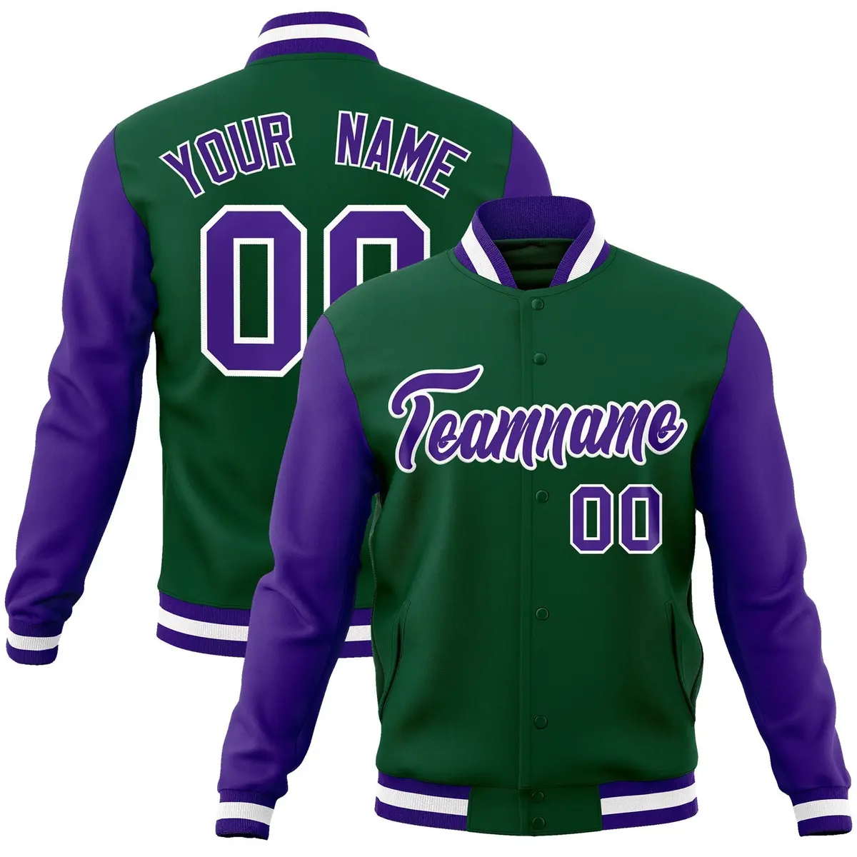 Green Purple-White Raglan Varsity Full-Snap Letterman Jacket
