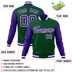 Green Purple-White Raglan Varsity Full-Snap Letterman Jacket 4