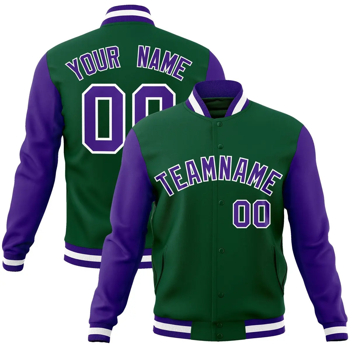 Green Purple-White Raglan Varsity Full-Snap Letterman Jacket